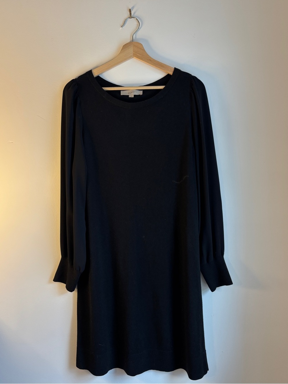LOFT Black Sweater Dress with Sheer Sleeves (L)